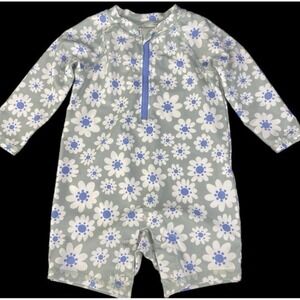 Wonder Nation Rash Guard Swimsuit 3-6M Sage Green Floral Long Sleeve Zip/Snap
